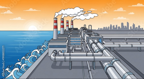 Industrial oil refinery plant on water with smokestacks and city skyline at sunset pollution and energy production concept