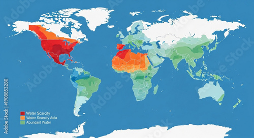 Global water scarcity map showing regions with water stress and scarcity issues worldwide