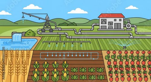 Modern farm with drip irrigation system and crop layers under sunny blue sky