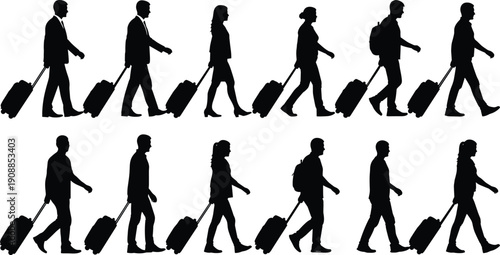 Travelers silhouettes walking with rolling luggage isolated black vector illustration showing airport commute business people journey on white background design
