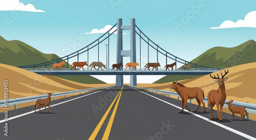Deer crossing road with suspension bridge in natural landscape with mountains