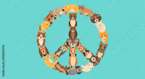 Peaceful animals form a peace sign on a teal background symbolizing harmony and unity with nature cute cartoon creatures