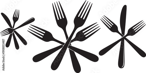 Collection of black fork silhouettes on white background arranged