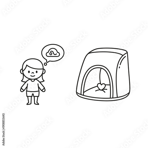 Cartoon girl thinking about a cloud next to a pet tent with a heart inside, simple line art illustration.