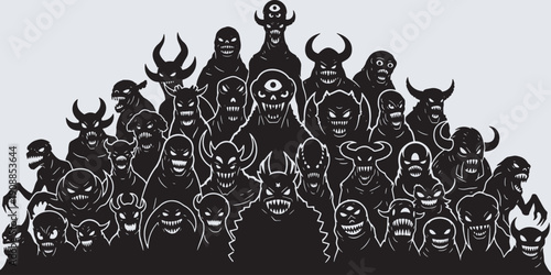 A large group of diverse, silhouetted monsters with various expressions and features, creating a spooky and eerie atmosphere.