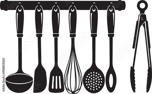 Black kitchen utensils hanging on a rack illustration
