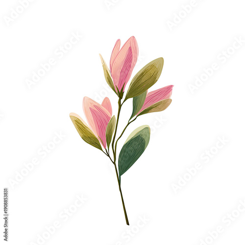 Pastel Pink Flower Bud Illustration with Green Leaves on Transparent PNG Background
