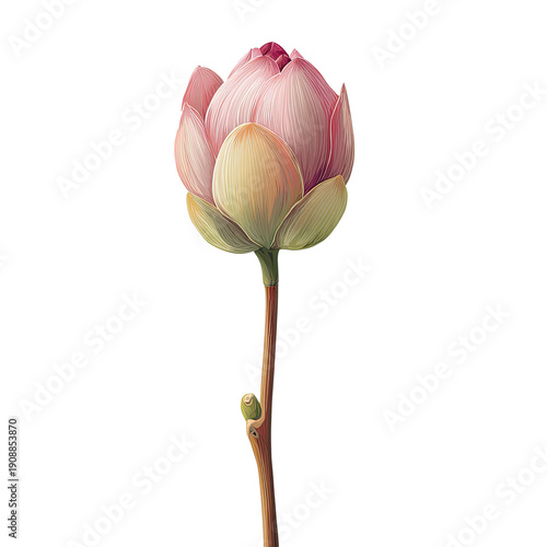 Pastel Pink Flower Bud Illustration on Transparent PNG Stem, Delicate Sprout Growth Concept