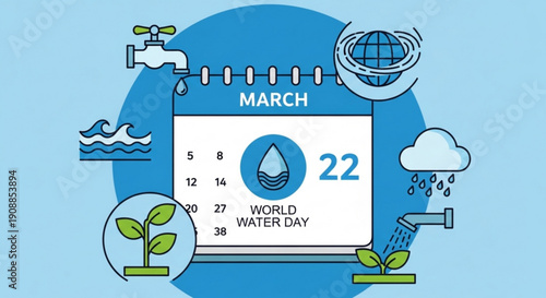 World water day march 22nd calendar icon with eco friendly symbols and water conservation elements