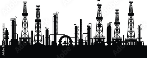 Oil refinery industrial silhouettes isolated black vector illustration showing petroleum processing factory pipelines towers energy production on white background design