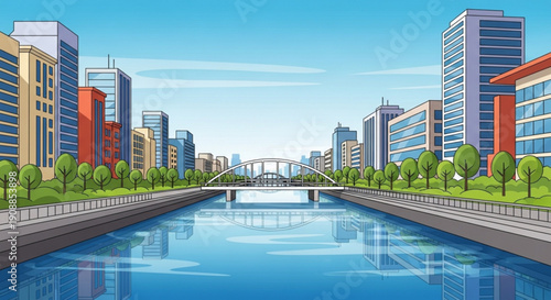Cityscape with modern buildings and a bridge over a canal on a sunny day with blue sky