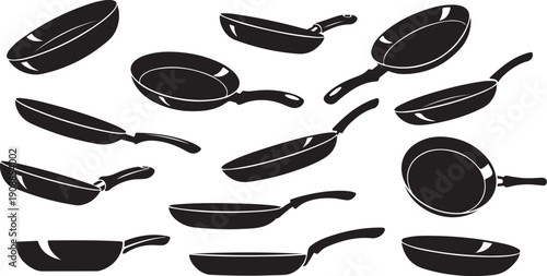 Collection of black frying pans on white background illustration