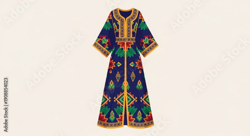 Vibrant blue embroidered traditional middle eastern long dress with colorful patterns and gold accents on a neutral background