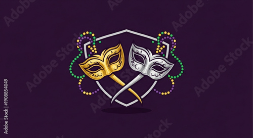 Mardi gras masks gold and silver carnival masks with beads on dark background festive party symbols