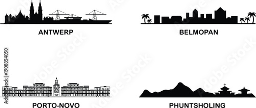 Antwerp belmopan porto novo phuntsholing skylines silhouettes collection on transparent background