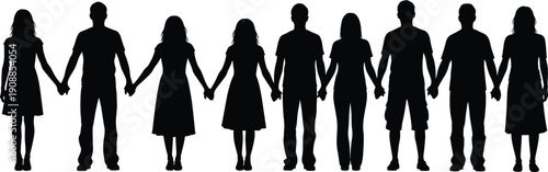 Human silhouettes holding hands isolated black vector illustration symbolizing unity diversity community equality teamwork social connection on white background