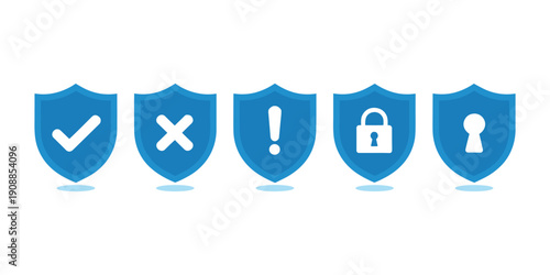 Blue shield with checkmark x exclamation mark lock and keyhole vector illustration isolated on white background