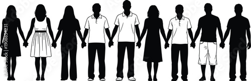 People silhouettes holding hands in unity isolated black vector illustration representing diversity togetherness community equality teamwork concept on white background