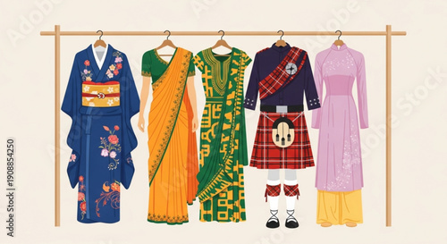 Diverse traditional and modern clothing from around the world hanging on a wooden rack with accessories below showcasing various cultural dress styles and designs