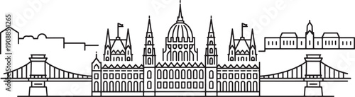 Budapest hungary parliament building and chain bridge skyline linear drawing