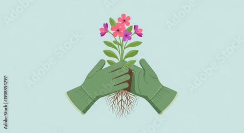 Gardening concept with green gloves holding pink flowers and roots on light blue background