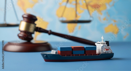 Toy cargo ship with gavel and scales of justice in background, concept of maritime law and international trade regulation