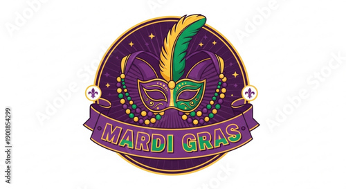 Mardi gras masks with feather and beads on purple background for party and celebration