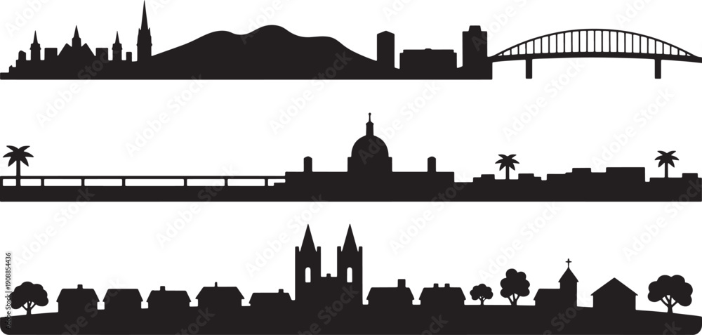 Obraz premium Collection of vector silhouettes featuring mountain backdrop coastal city dome building bridge tropical palms and rural small town.