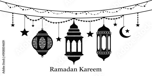 Ramadan Kareem star, moon, lanterns hanging starry night decoration