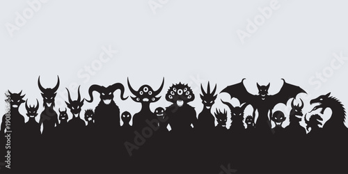 A diverse collection of dark, silhouetted mythical creatures and monsters standing together against a light background.