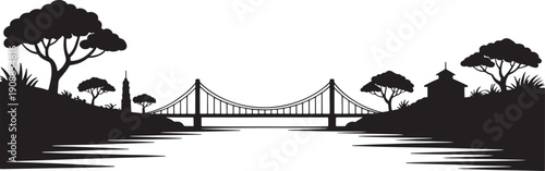 Landscape with a bridge over a river surrounded by trees and small buildings silhouette