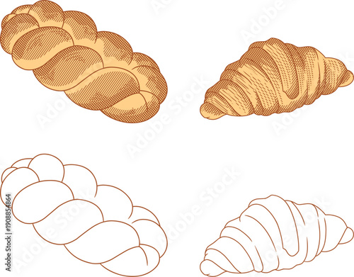 Hand-drawn engraving style of a Jewish Challah loaf and a French Croissant, perfect for bakery logos, organic food packaging, and rustic menu designs.