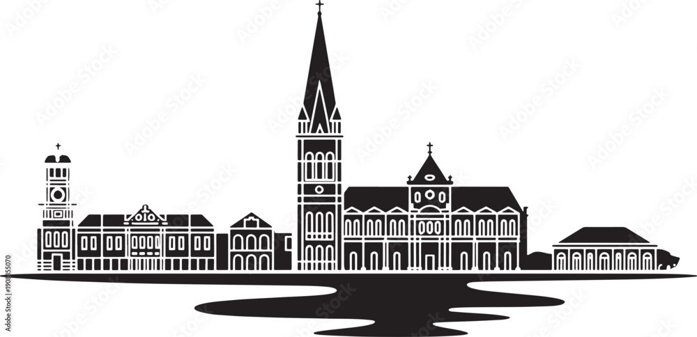 Fototapeta premium Outline vector cityscape illustration featuring distinct church towers and structures