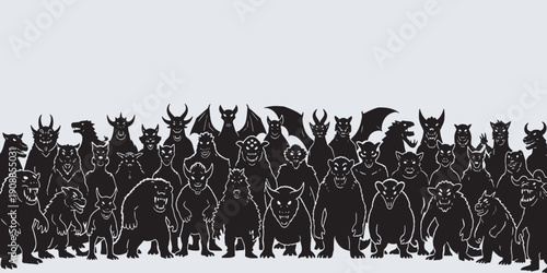 A large group of diverse, silhouetted monsters and creatures standing together against a light background.