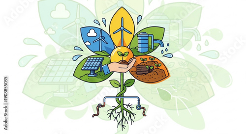 Eco friendly flower with hand holding heart shaped leaf sustainable energy sources