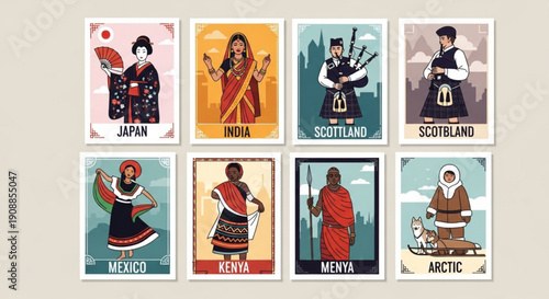 Diverse cultural icons from around the world traditional clothing and accessories