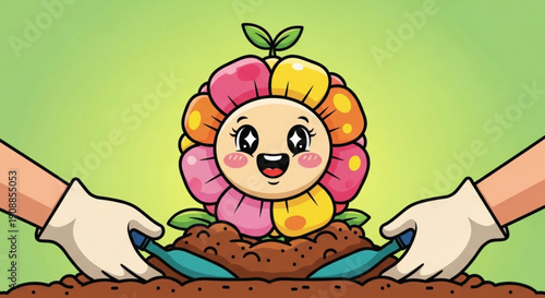 Cartoon flower character being planted in soil by gloved hands with gardening tools on green background