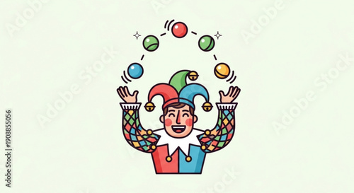 Jester juggling colorful balls with jester's hat on playfulness and entertainment concept