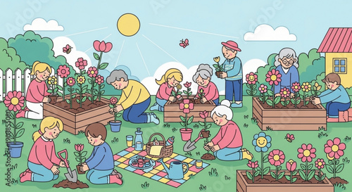 Elderly community gardening together outdoors in sunny green garden with raised beds and flowers