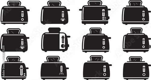 Collection of various black toaster illustrations on white background