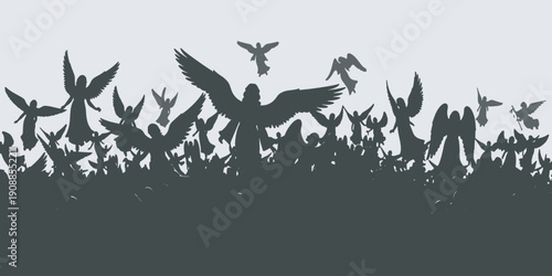 A multitude of dark silhouettes of angels with wings spread wide, flying in a vast, pale sky.