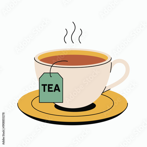 Cup of tea with green tea bag on yellow saucer steaming hot vector illustration isolated on white background.