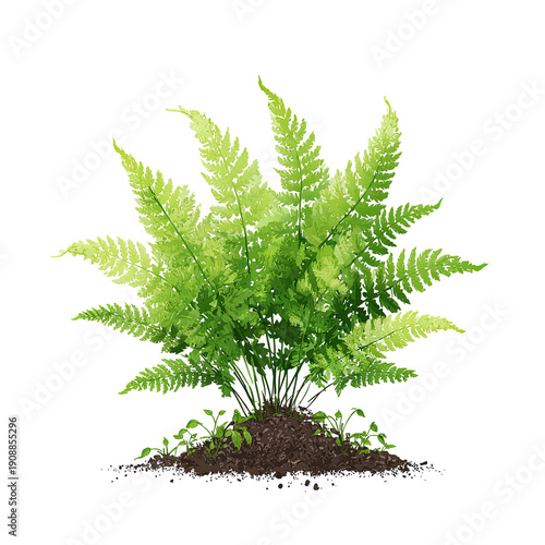 Flat Pastel Fern Plant Illustration, Transparent PNG with Visible Fronds and Soil, Fresh Green Botanical Art