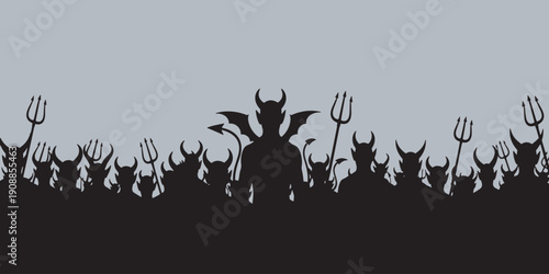 A large group of silhouetted demons with horns and pitchforks stand together under a pale sky.