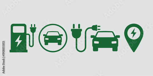 Green of electric vehicle charging station and cars plug cable vector illustration isolated on grey background
