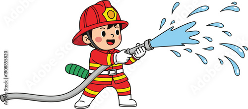 Cute, cartoon, firefighter, boy, character, holding, water, hose, spraying, water, splash, uniform, helmet, rescue, emergency, fire, safety,