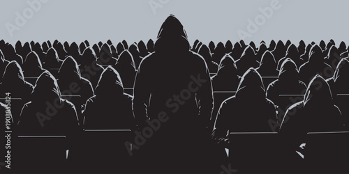 A lone figure stands out in a crowd of identical hooded individuals, symbolizing individuality and conformity.