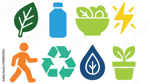 Eco friendly icons set including recycling symbol and green leaf