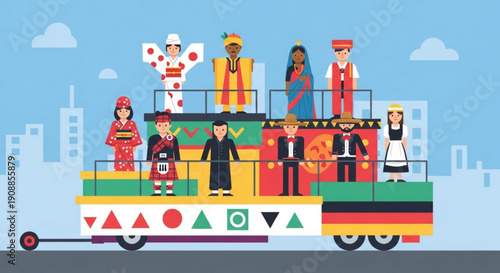 Diverse group of people in traditional clothing riding on a colorful bus with geometric patterns against a city skyline background