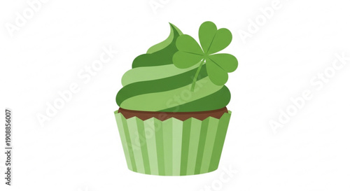 Green cupcake with shamrock on top in green wrapper and white background